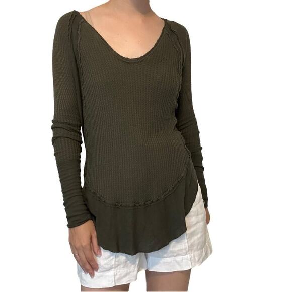 Free People Thermal Sweater Top Olive Green Boho Slouchy Grunge Size Small - Picture 7 of 7